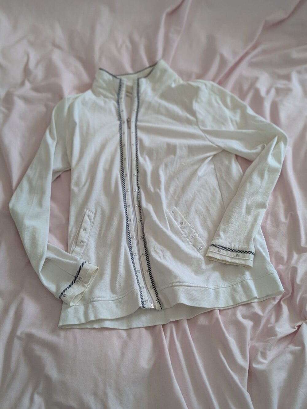 Les Collections Mat White Zip Up Long Sleeve Top Striped Trim S